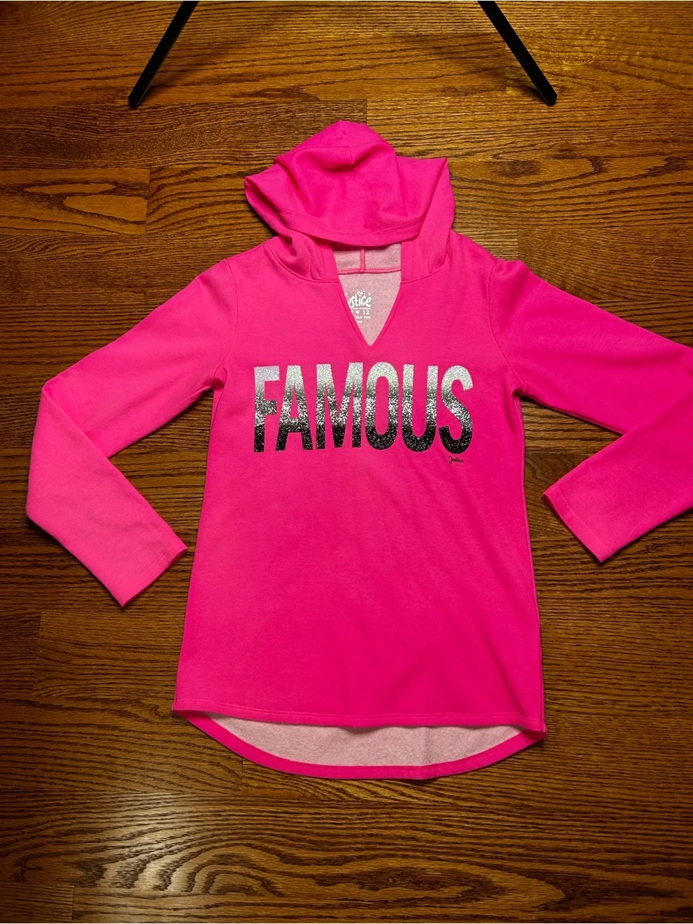 Justice Hot Pink Hooded Sweatshirt with 'FAMOUS' Glitter Graphic